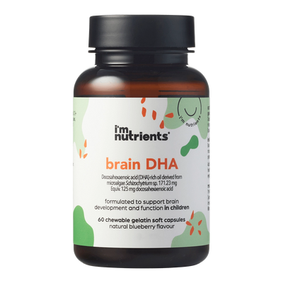 A Supplement container with the name Brain DHA (60 Caps) by I'm Nutrients.