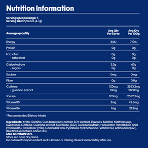 Ingredients: Caffeine 60mg each Vitamin B5, Vitamin B6,Taurine