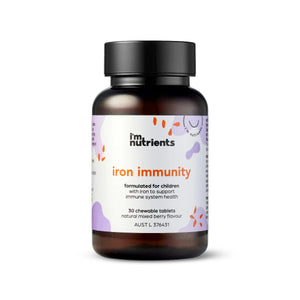 A Supplement container with the name Iron Immunity (30 Chewable Tabs) by I'm Nutrients,