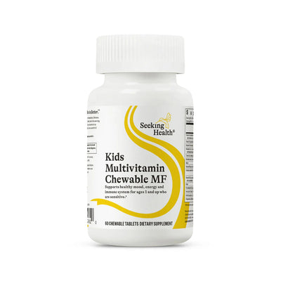 A Supplement container with the name Kids Multivitamin Chewable MF by Seeking Health.
