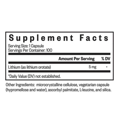 Ingredients: Lithium (as Lithium orotate) 5mg.