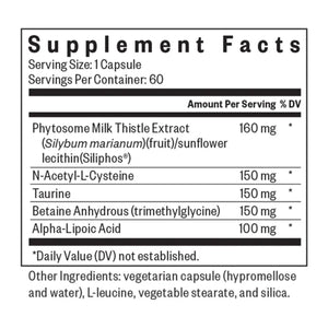Ingredients:  Phytosome Milk Thistle Extract, N-Acetyl-L-Cysteine, Taurine, Betaine Anhydrous (trimethylglycine), Alpha-Lipoic Acid.
