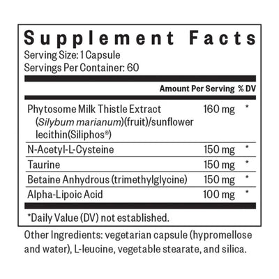 Ingredients:  Phytosome Milk Thistle Extract, N-Acetyl-L-Cysteine, Taurine, Betaine Anhydrous (trimethylglycine), Alpha-Lipoic Acid.