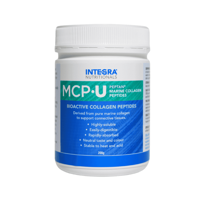 A Supplement container with the name MCP-U Marine Collagen Peptides by Integra Nutritionals.