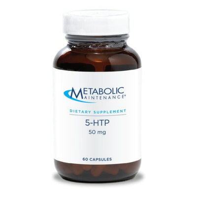 A Supplement container with the name 5-HTP (50mg) by Metabolic Maintenance.