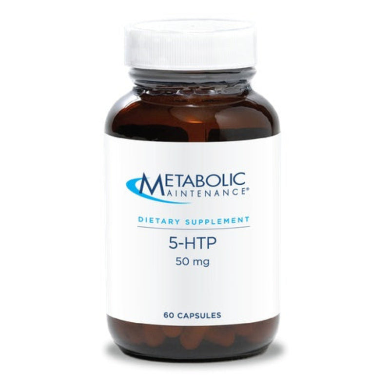 A Supplement container with the name 5-HTP (50mg) by Metabolic Maintenance.