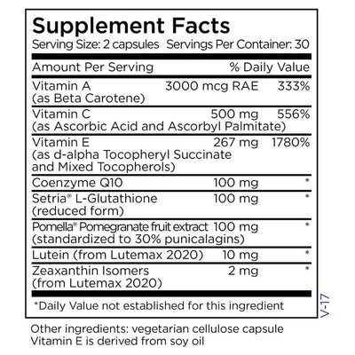 Ingredients: Vitamin A, Vitamin C, Vitamin E, Coenzyme Q10, Setria L-Glutathione, Pomella Pomegranate fruit extract, Lutein, Zeaxanthin Lsomers.