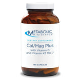 A Supplement container with the name Cal/Mag Plus with Vitamin D and Vitamin K2 MK-7 by Metabolic Maintenance.