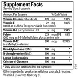 Ingredients: Vitamin C, Ascorbic acid, Vitamin E, Alpha Tocopheryl Acid Succinate, Vitamin b6, Pyridoxine HCI, Folate, l-5-Methylfolate, Vitamin b12, Methylcobalamin, Dim, NAC, N-acetlycystine, Lemon bioflavonoids, calcium d-glucarate.