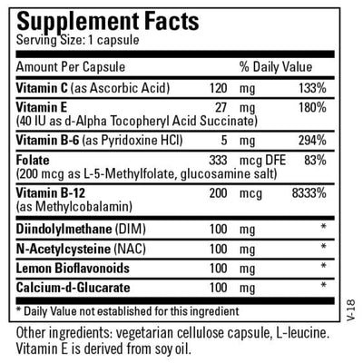Ingredients: Vitamin C, Ascorbic acid, Vitamin E, Alpha Tocopheryl Acid Succinate, Vitamin b6, Pyridoxine HCI, Folate, l-5-Methylfolate, Vitamin b12, Methylcobalamin, Dim, NAC, N-acetlycystine, Lemon bioflavonoids, calcium d-glucarate.