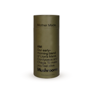 A Supplement container withy the name AM Blend - Mushroom Drink by Mother Made.