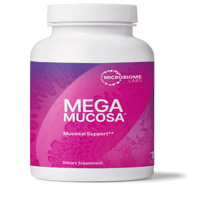 A Supplement container with the name Megamucosa (180 caps) by Microbiome Labs