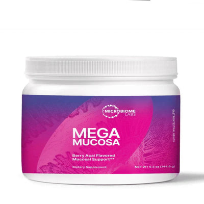 A Supplement container with the name Megamucosa (144.6g) by Microbiome Labs