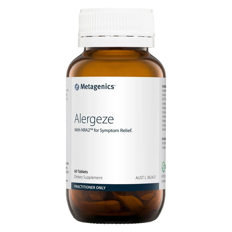 A Supplement container with the name Alergeze by Metagenics.