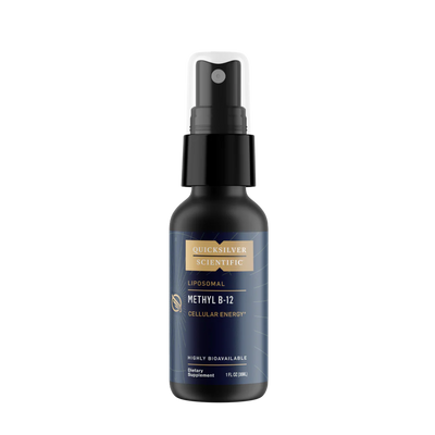 A Supplement container with the name Methyl B-12 Liposomal by Quicksilver.