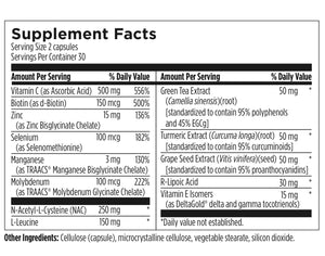 Supplement facts label with various nutrients and their amounts per serving.