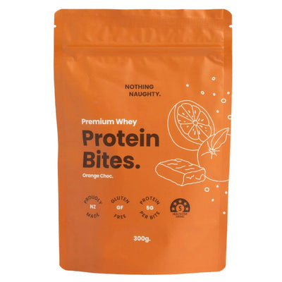 A Supplement container with the name Orange Chocolate Whey Protein Bites by Nothing Naughty.