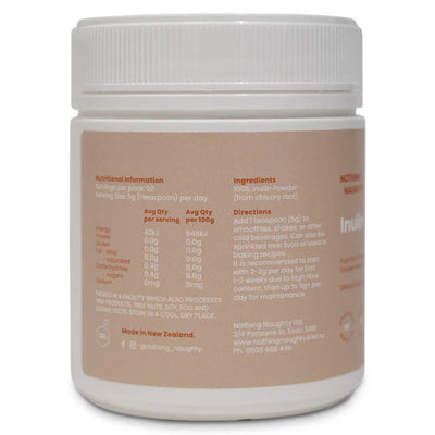 Text describing the ingredients: 100% Inulin Powder (from Chicory Root).