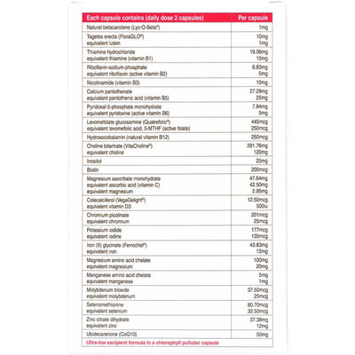 Ingredients: Natural betacarotene, Tagetes erecta, Thiamine hydrochloride, Riboflavin-sodium-phosphate, Nicotinamide, Calcium pantothenate, Pyridoxal -5-phosphate monohydrate, Levomefolate glucosamine, Hydroxocobalamin, Choline bitartrate, Inositol, Biotin, Magnesium ascorbate monohydrate, Colecalciferol, Chromium picolinate, Potassium iodide, Iron (II) glycinate, Magnesium amino acid chelate, Manganese amino acid chelate, Molybdenum trioxide, Selenomethionine, Zinc citrate dihydrate, Ubidecarenone (CoQ10)