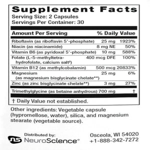 Ingredients: Riboflavin, Niacin, Vitamin B6, Folate, Vitamin B12, Magnesium, Zinc, Trimethylglycine.