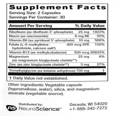 Ingredients: Riboflavin, Niacin, Vitamin B6, Folate, Vitamin B12, Magnesium, Zinc, Trimethylglycine.
