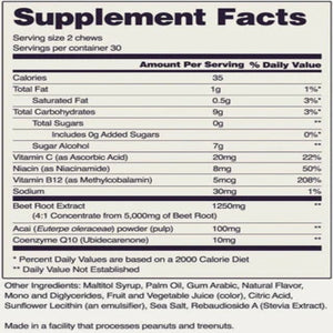 Ingredients: Vitamin C, Niacin, Vitamin B12, Sodium, Beet Root Extract, Acai powder, Coenzyme Q10