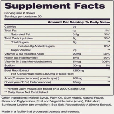Ingredients: Vitamin C, Niacin, Vitamin B12, Sodium, Beet Root Extract, Acai powder, Coenzyme Q10