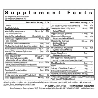 Ingredients: Vitamin A, D, E, B6, B12, Thiamin, Riboflavin, Niacin, Folate, Biotin, Pantothenic Acid, Choline, Iodine, Zinc, Selenium, Copper, Manganese, Chromium, Molybdenum, Orangic Ginger Powder, SOD, Mixed Tocopherols, Lutein, S-Acetyl L-Glutathione, Boron, Vitamin K2, 