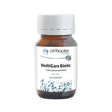 Supplement glass container,  60 capsules Multigen Biotic by Orthoplex, white label. 