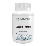 A Supplement container with the name CoQ10 150mg by Orthoplex White.