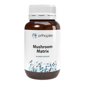 A Supplement container with the name Mushroom Matrix by Orthoplex White.