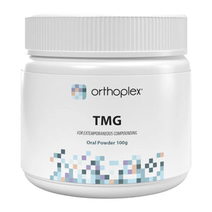 A Supplement container with the name TMG (Trimethyglycine) by Orthoplex Whie