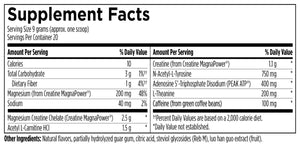 Text describing the ingredients:  Magnesium, Sodium, Creatine, N-Acetyl-L-Tyrosine, Adenosine 5'-Triphosphate Disodium, L-Theanine, Caffeine.