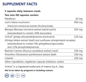 Supplement facts for Brain Reset 60c listing ingredients including Brahmi, Butcher's Broom Root Extract, Feverfew, Gingko biloba, Hericium