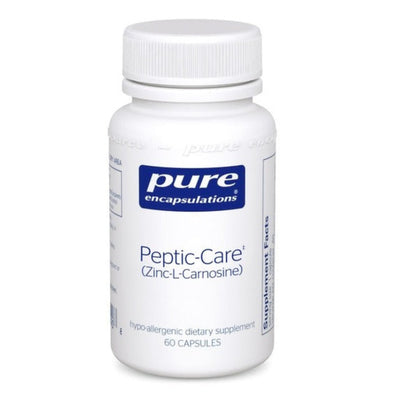 A Supplement Container with the name Peptic-Care (Zinc L-Carnosine) by Pure Encapsulations.