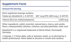 Supplement facts for PureMelt B12 Folate 90 lozenges listing ingredients including Folate, L-5-MTHFR, L-5-Methyltetrahydrofolic acid, Vitamin B12, Vitamin B12 Methylcobalamin