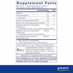 Ingredients: PreticX xylooigosaccharide (XOS), BioEcolians a-glucooligosaccharide (a-GOS), Cranberry (Vaccinium macrocarpon) extract (fruit), Blueberry(Vaccinium angustifolium) extract (fruit), Pomegranate (Punica granatum) juice powder (fruit).