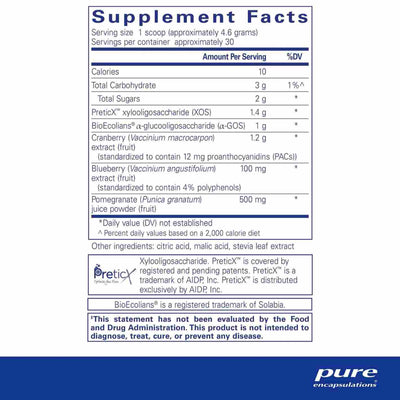 Ingredients: PreticX xylooigosaccharide (XOS), BioEcolians a-glucooligosaccharide (a-GOS), Cranberry (Vaccinium macrocarpon) extract (fruit), Blueberry(Vaccinium angustifolium) extract (fruit), Pomegranate (Punica granatum) juice powder (fruit).
