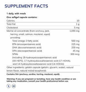 Supplement facts for Pro-Resolve Omega 60 softgel capsules listing ingredients including 18-Hydroxyeicosapentaenoic Acid, DHA, Docosahexaenoic Acid, Docosapentaenoic Acid, EPA