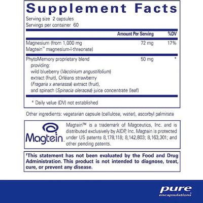 Ingredients: Magnesium PhytoMemory proprietary blend providing: Wild blueberry, Orleans strawberry, Spinach.