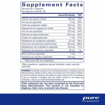 Ingredients: Calcium, Iron, Iodine, Magnesium, Zinc, Selenium, Copper, Manganese, Chromium, Molybdenum, Potassium, Boron, Vanadium.