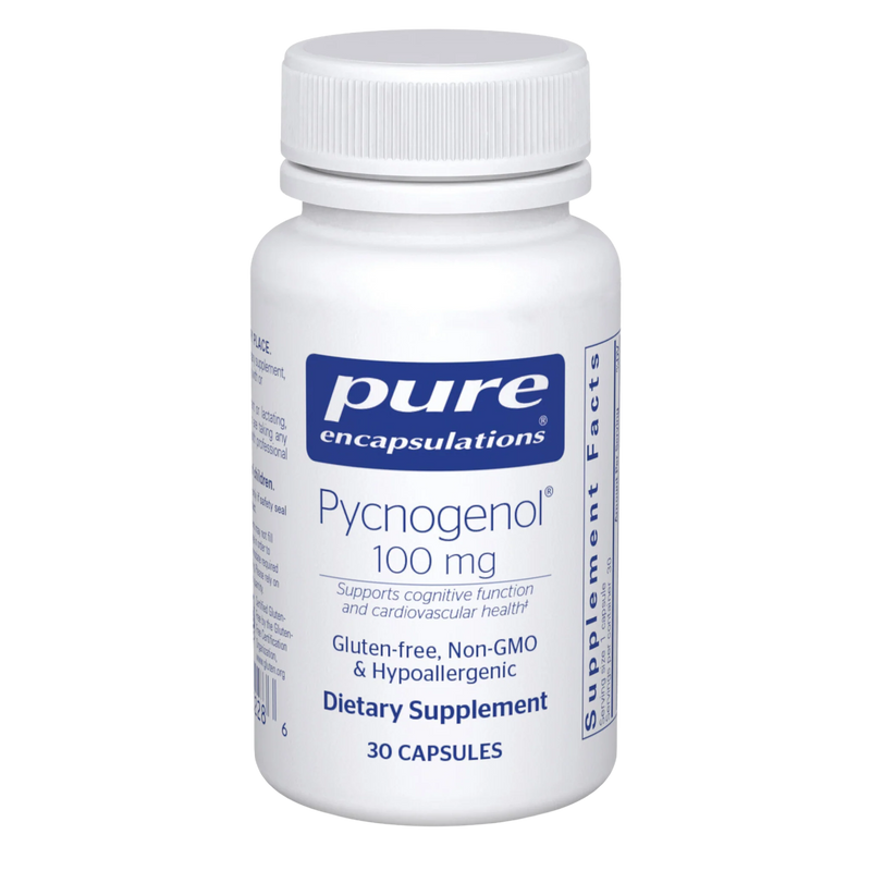 A Supplement container with the ame Pycnogenol 100mg (30 Caps) by Pure Encapsulations.