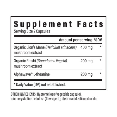 Ingredients: Organic Mion's Mane (Hericium erinaceus) mushroom extract, Organic Reishi (Ganoderma lingzhi) mushroom extract, Alphawave L-Theanine.