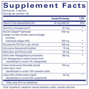 Ingredients: Vitamin K2, BioCell Collagen, Glucosamine, L-Carnosine, Alpha Lipoic acid, Devil's daw. Indian frankincense, Grape etract.