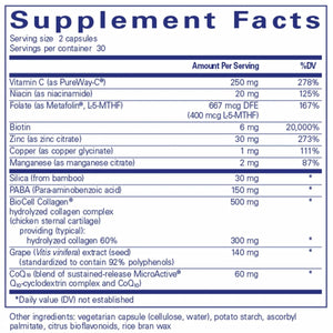 Ingredients: Vitamin C, Niacin, Folate, Biotin, Zinc, Copper, Manganese, Silica, Paba, Grape, CoQ10, BioCell collagen.