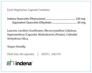 Text describing the ingerdients: Indena Quercetin (phytosome), Equivalent Quercetin Dihydrate, leucine, lecthin (sunflower), microcrystalline cellulose, hyperomellose (capsule), maltodextrin (potato), Colloidal anhydrous silica, vegan friendly 