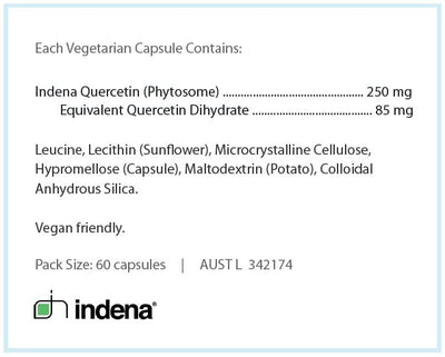 Text describing the ingerdients: Indena Quercetin (phytosome), Equivalent Quercetin Dihydrate, leucine, lecthin (sunflower), microcrystalline cellulose, hyperomellose (capsule), maltodextrin (potato), Colloidal anhydrous silica, vegan friendly 