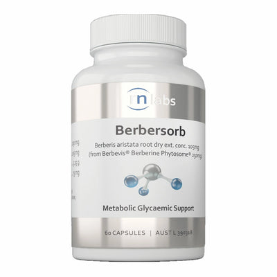 Image of a white suppleemnt bottle that says berbersorb berberis aristata root dry ext. conc .105mg ( from berbevis berbrine phytosome 250mg. metabolic glycaemic support 60 capsules 