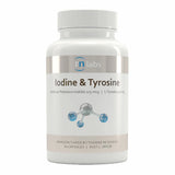 Image of a white supplement bottle that says rn labs iodine and tyrosine iodine (as potassium iodide) 225mcg L- Tyrosine 500mg manufactured by thorne research 60 capsules 