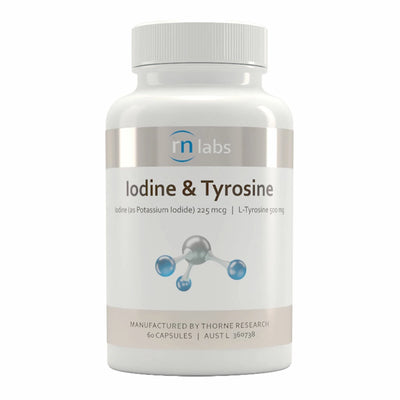Image of a white supplement bottle that says rn labs iodine and tyrosine iodine (as potassium iodide) 225mcg L- Tyrosine 500mg manufactured by thorne research 60 capsules 